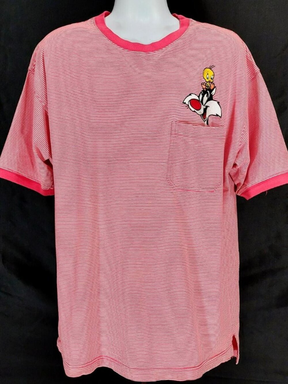 Vintage 90s Sylvester & Tweety Bird Embroidered, Striped, Pocket Ringer Tee. XL